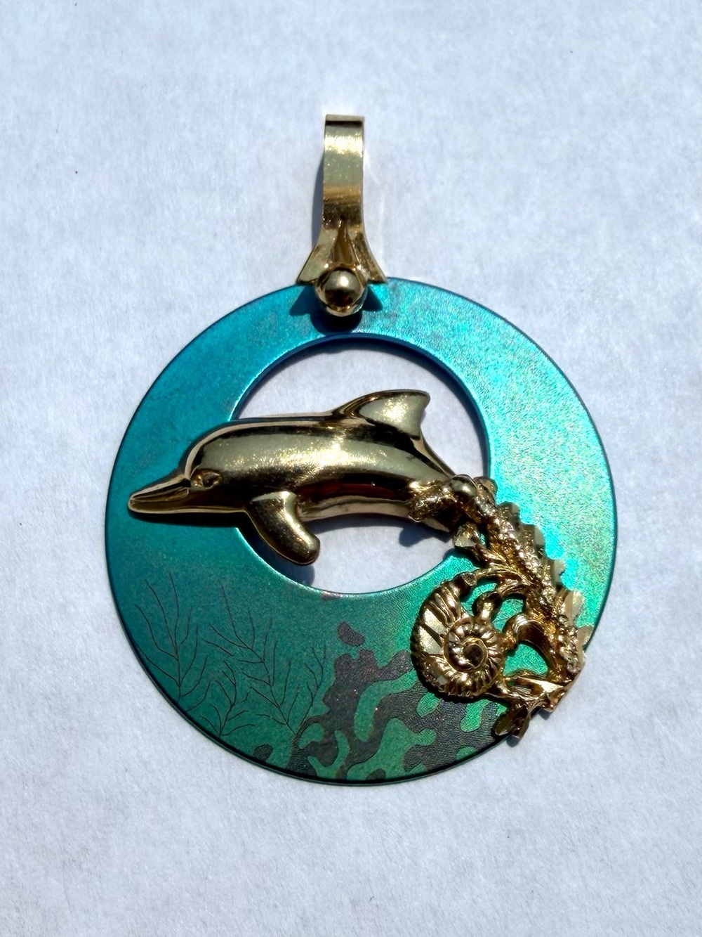 14k Yellow Gold Dolphin Ocean Colored Pendant